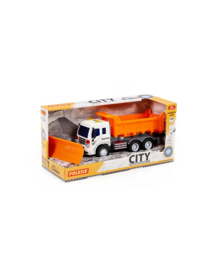 Polesie 04618 '';City'';, samochód-wywczerwonyka z pługiem do odśnieżania inercyjny, ze światłem i dźwiękiem, pomarańczowy w pudełku główny