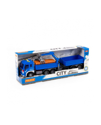 Polesie 96036 '';City'';, samochód burtowy z podnośnikiem i przyczepą inercyjny, ze światłem i dźwiękiem, niebieski w pudełku