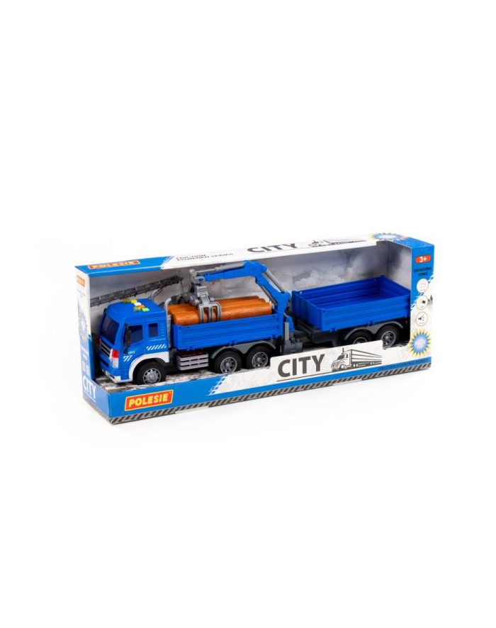 Polesie 96036 '';City'';, samochód burtowy z podnośnikiem i przyczepą inercyjny, ze światłem i dźwiękiem, niebieski w pudełku główny