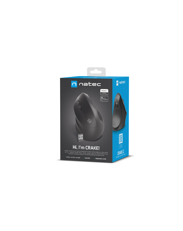 natec Mysz bezprzewodowa wertykalna Crake 2 2400 DPI Bluetooth 5.2 + 2.4GHz dla leworęcznych Czarna główny