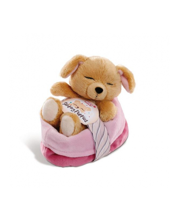 NICI 48111 Maskotka Sleeping Puppies piesek 12cm karmelowy w różowo-fioletowym koszyk'#xA;u