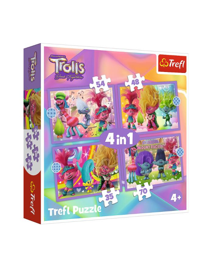Puzzle 4w1 Przygody kolorowych Trolli Trolls 3 34622 Trefl główny