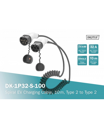 Kabel DIGITUS spiralny do ładowania pojazdów elektrycznych EV/PHEV, Typ2-Typ2, jednofazowy 230V, 32A, 7.4kW, 10m