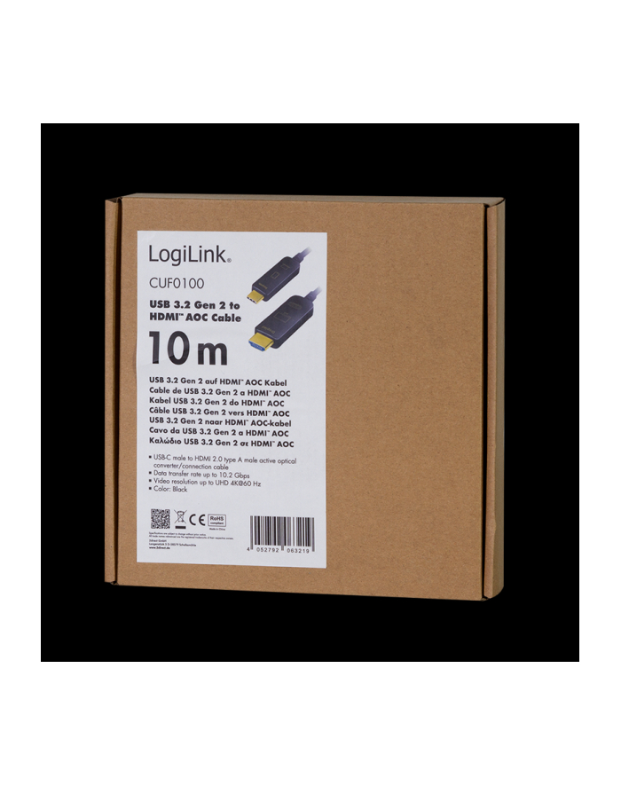 Logilink Cuf0100 - Usb 3.2 Gen 2 Typ-C Do Hdmi Kabel Przyłączeniowy Aoc (Aktywny Optyczny) 4K/60 Hz Czarny 10 M główny