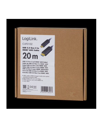 Logilink Cuf0102 - Usb 3.2 Gen 2 Typ-C Do Hdmi Kabel Przyłączeniowy Aoc (Active Optical Cable) 4K/60 Hz Czarny 20 M
