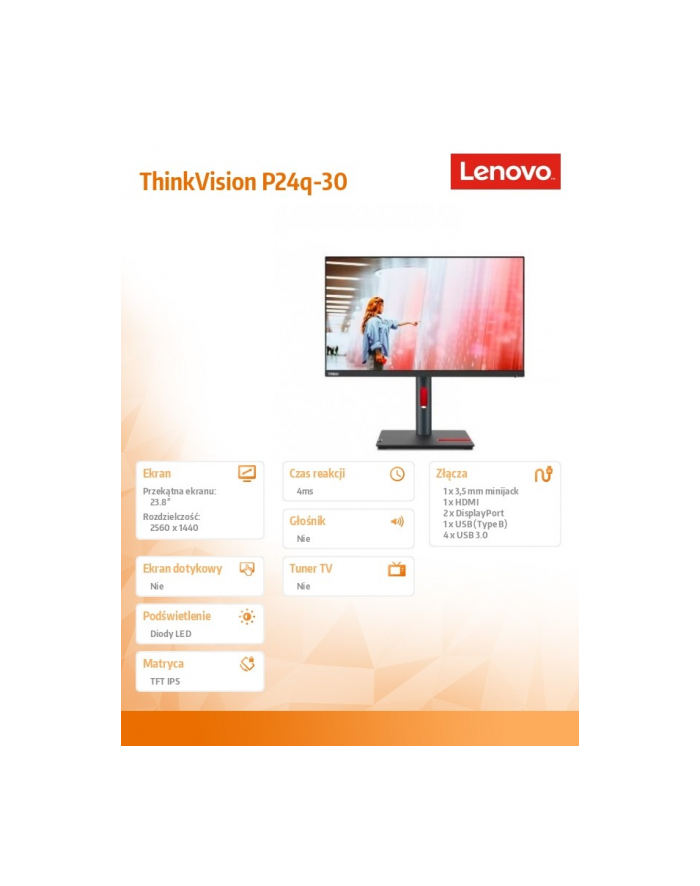 lenovo Monitor 23.8 cala ThinkVision P24q-30 WLED LCD 63B4GAT6(wersja europejska) główny