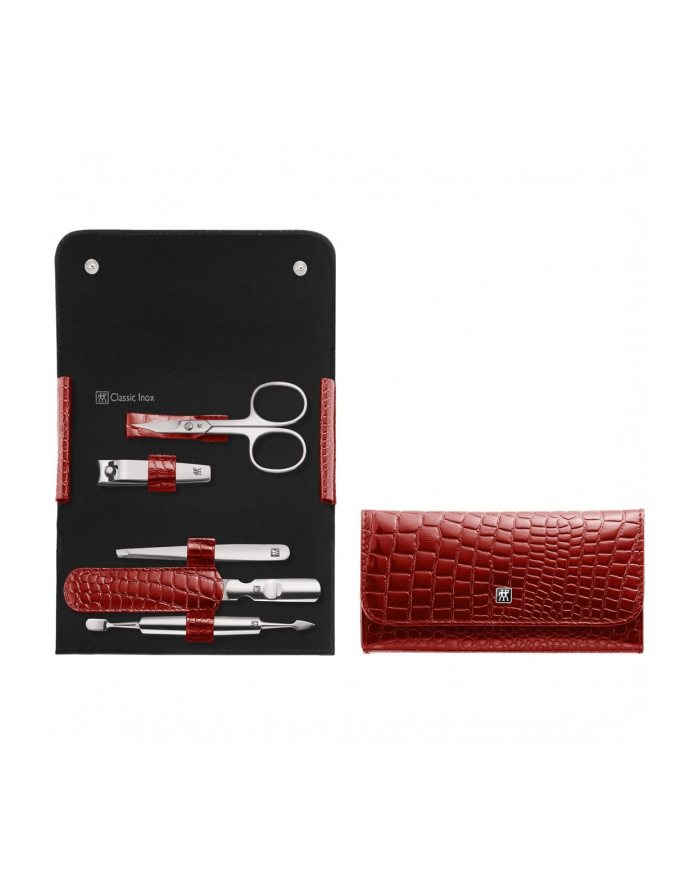 ZWILLING Klasyczny Zestaw Inox Manicure 5-Czesciowy z Czysta Skóra i Zatrzaskiem w Croco Design, Czerwony główny