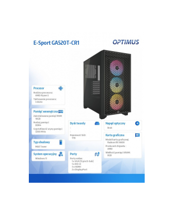 optimus Komputer E-Sport GA520T-CR1 Ryzen 5 3600/16GB/1TB/RX 6600 8GB/W11