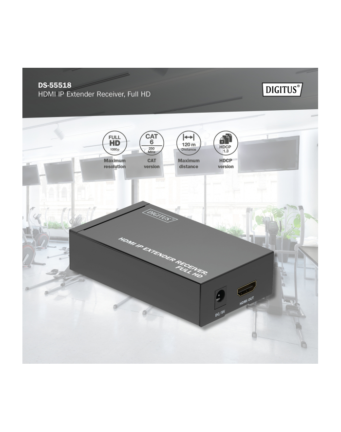 Przedłużacz/Extender DIGITUS HDMI 1080p 60Hz 120m po skrętce kat.6 HDCP 1.3 IR jednostka zdalna do DS-55517 główny