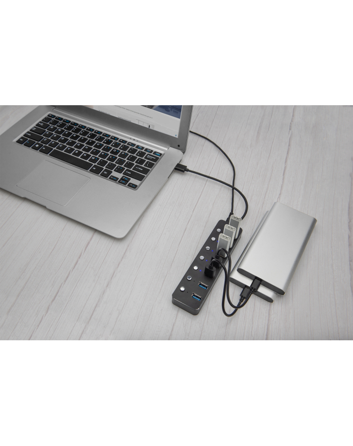 Hub USB 3.0/Koncentrator DIGITUS 7-portowy USB A + adapter USB-C 5Gbps z wyłącznikami aluminiowy aktywny główny