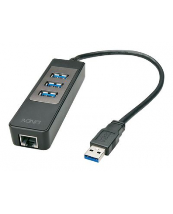 Hub USB 3.0 LINDY 3 Ports, RJ-45 Gigabit Ethernet, czarny