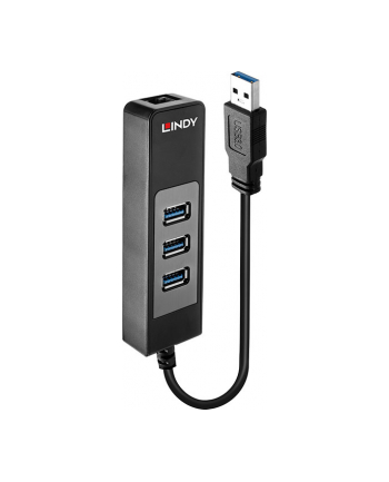 Hub USB 3.0 LINDY 3 Ports, RJ-45 Gigabit Ethernet, czarny