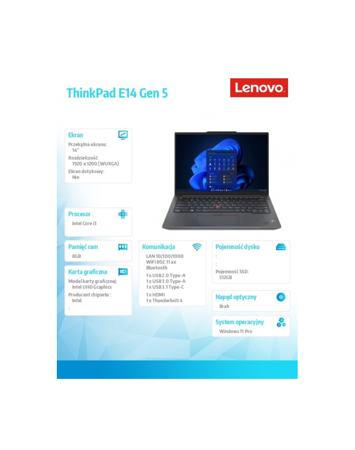 lenovo Laptop ThinkPad E14 G5 21JK0083PB W11Pro i3-1315U/8GB/512GB/INT/14.0 WUXGA/Graphite Black/1YR Premier Support + 3YRS OS główny