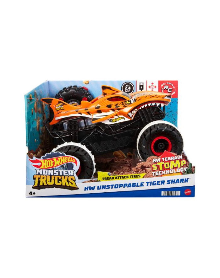 Hot Wheel Monster Truck Niepowstrzymany Tiger Shark 1:15 Terenowy pojazd zdalnie sterowany HGV87 MATTEL p1 główny