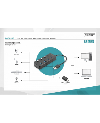 digitus Hub USB 3.0/Koncentrator 4-portowy USB A + adapter USB-C 5Gbps z wyłącznikami, aluminiowy, pasywny