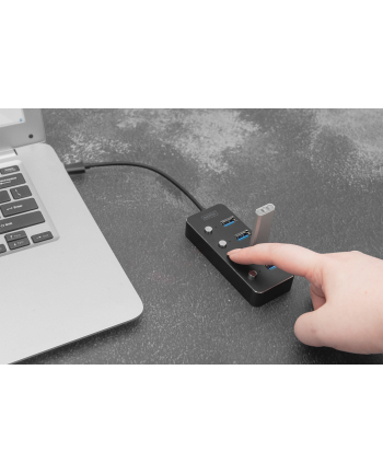 digitus Hub USB 3.0/Koncentrator 4-portowy USB A + adapter USB-C 5Gbps z wyłącznikami, aluminiowy, pasywny