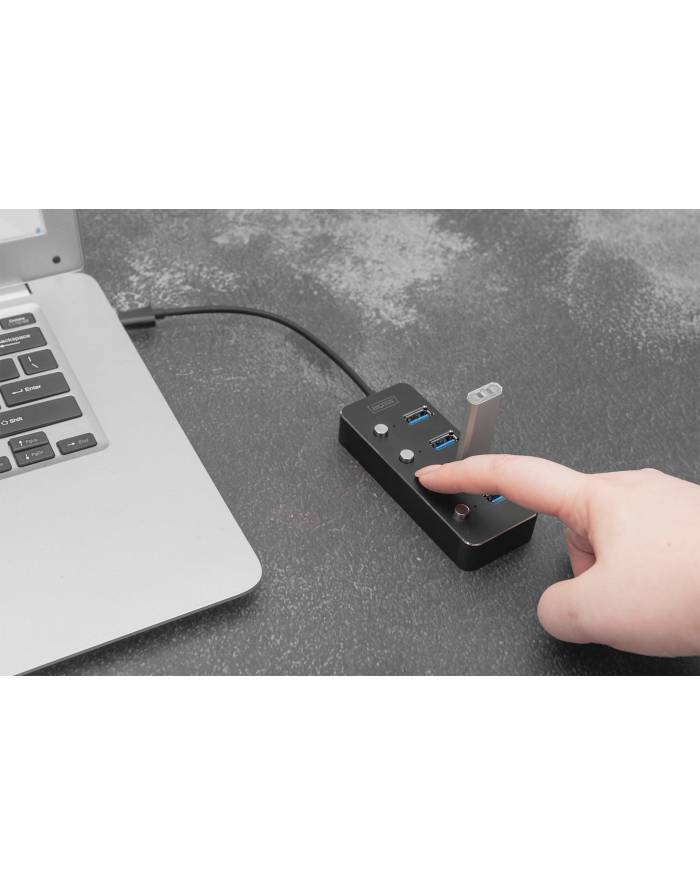 digitus Hub USB 3.0/Koncentrator 4-portowy USB A + adapter USB-C 5Gbps z wyłącznikami, aluminiowy, pasywny główny