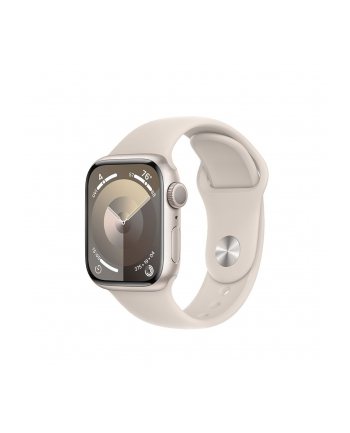 apple Watch Series 9 GPS, 41mm Koperta z aluminium w kolorze księżycowej poświaty z paskiem sportowym w kolorze księżycowej poświaty - S/M