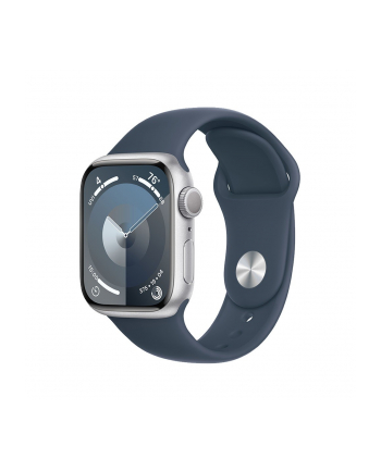 apple Watch Series 9 GPS, 45mm Koperta z aluminium w kolorze srebrnym z paskiem sportowy w kolorze sztormowego błękitu - M/L