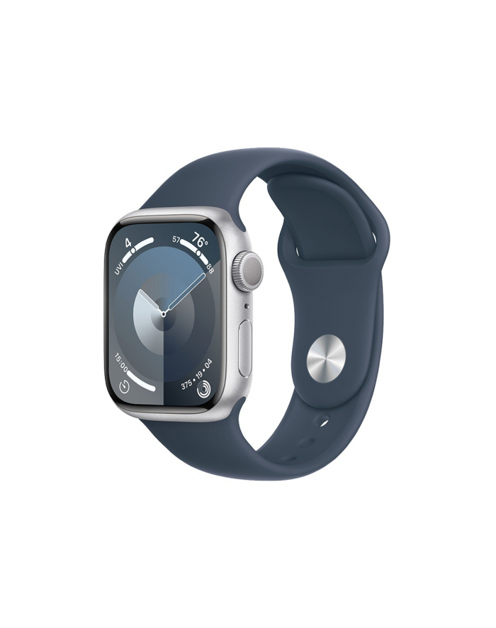 apple Watch Series 9 GPS, 45mm Koperta z aluminium w kolorze srebrnym z paskiem sportowy w kolorze sztormowego błękitu - M/L główny