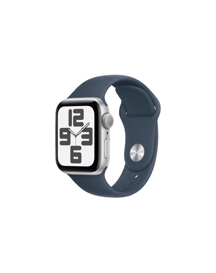 apple Watch SE GPS, 40mm Koperta z aluminium w kolorze srebrnym z paskiem sportowym w kolorze sztormowego błękitu - S/M główny