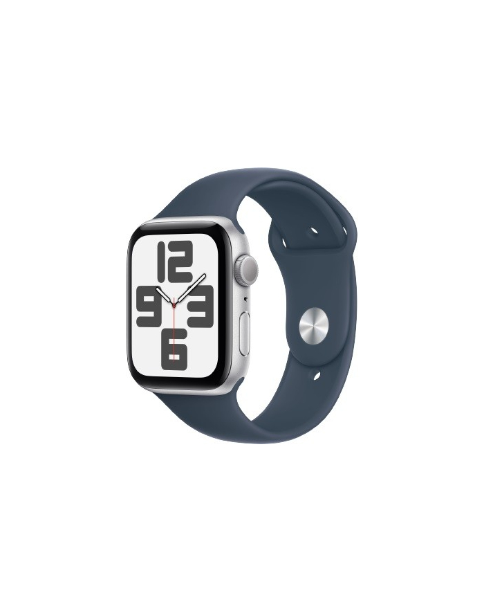 apple Watch SE GPS, 44mm Koperta z aluminium w kolorze srebrnym z paskiem sportowym w kolorze sztormowego błękitu - S/M główny