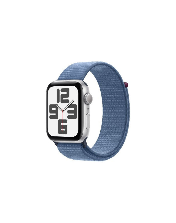 apple Watch SE GPS, 44mm Koperta z aluminium w kolorze srebrnym z opaską sportową w kolorze zimowego błękitu główny