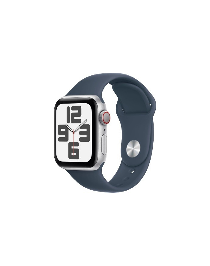 apple Watch SE GPS + Cellular, 40mm Koperta z aluminium w kolorze srebrnym z paskiem sportowym w kolorze sztormowego błękitu - S/M główny