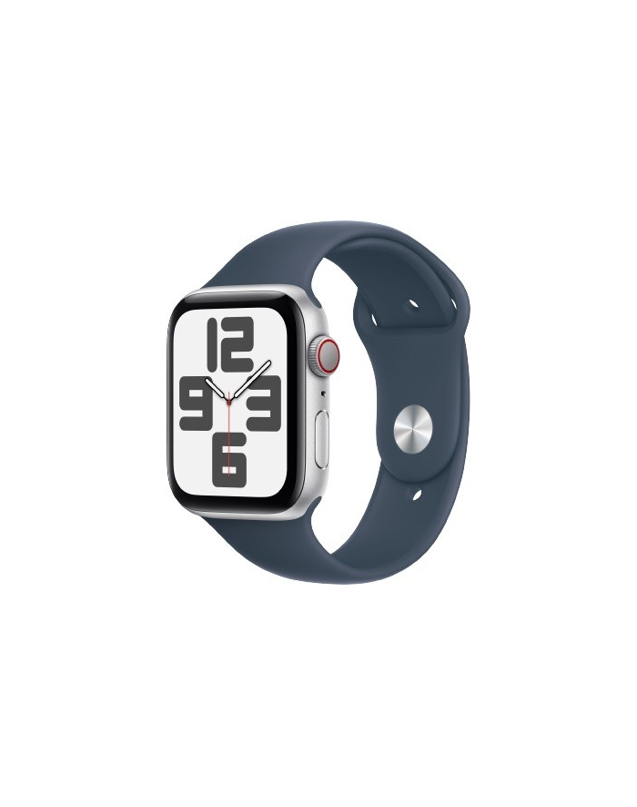 apple Watch SE GPS + Cellular, 44mm Koperta z aluminium w kolorze srebrnym z paskiem sportowym w kolorze sztormowego błękitu - S/M główny