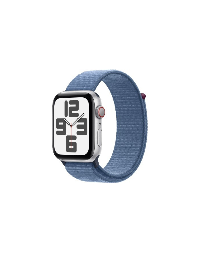 apple Watch SE GPS + Cellular, 44mm Koperta z aluminium w kolorze srebrnym z opaską sportową w kolorze zimowego błękitu główny