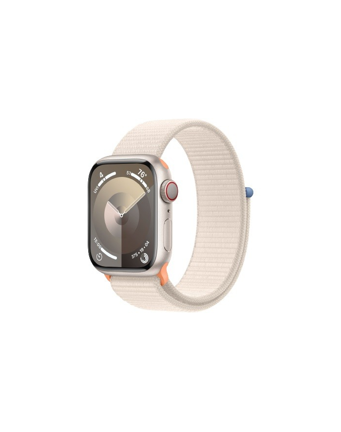 apple Watch Series 9 GPS + Cellular, 41mm Koperta z aluminium w kolorze księżycowej poświaty z opaską sportową w kolorze księżycowej poświaty główny