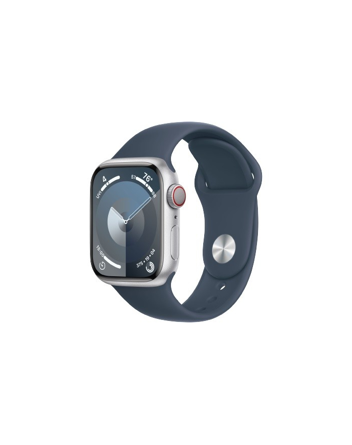 apple Watch Series 9 GPS + Cellular, 41mm Koperta z aluminium w kolorze srebrnym z paskiem sportowy w kolorze sztormowego błękitu - M/L główny
