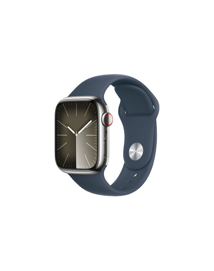 apple Watch Series 9 GPS + Cellular, 41mm Koperta ze stali nierdzewnej w kolorze srebrnym z paskiem sportowym w kolorze sztormowego błękitu - S/M główny