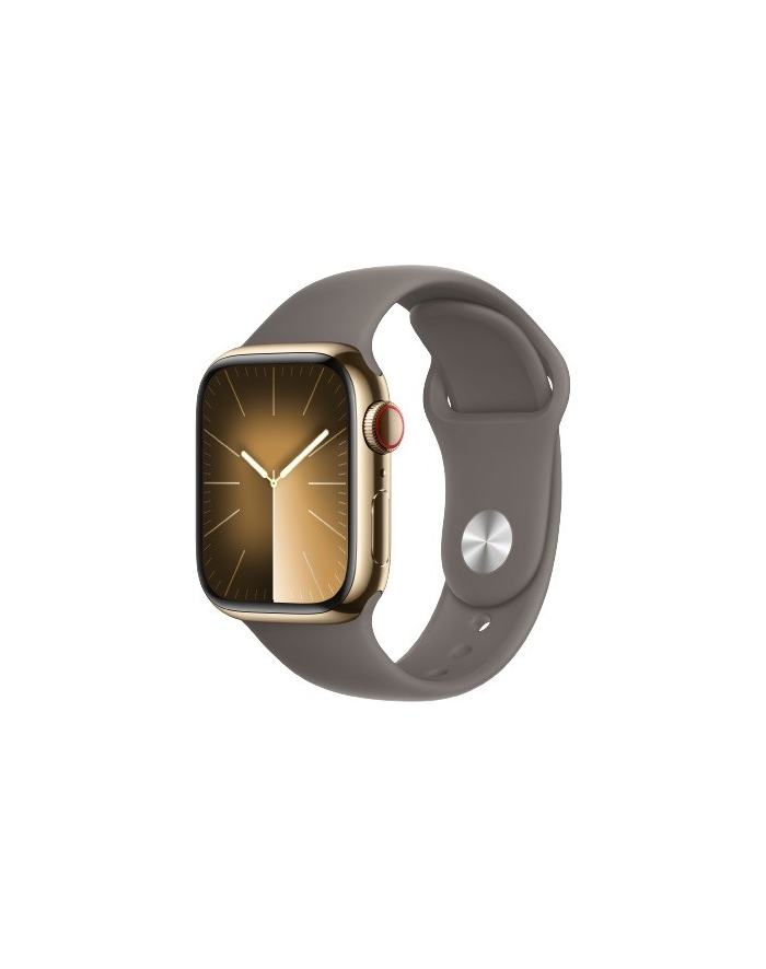 apple Watch Series 9 GPS + Cellular, 41mm Koperta ze stali nierdzewnej w kolorze złotym z paskiem sportowym w kolorze popielatego brązu - S/M główny
