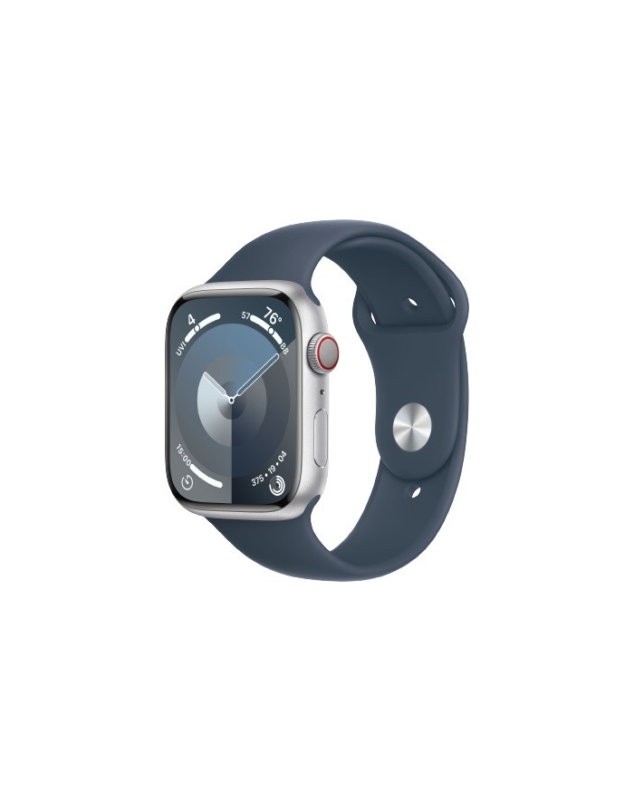 apple Watch Series 9 GPS + Cellular, 45mm Koperta z aluminium w kolorze srebrnym z paskiem sportowy w kolorze sztormowego błękitu - S/M główny