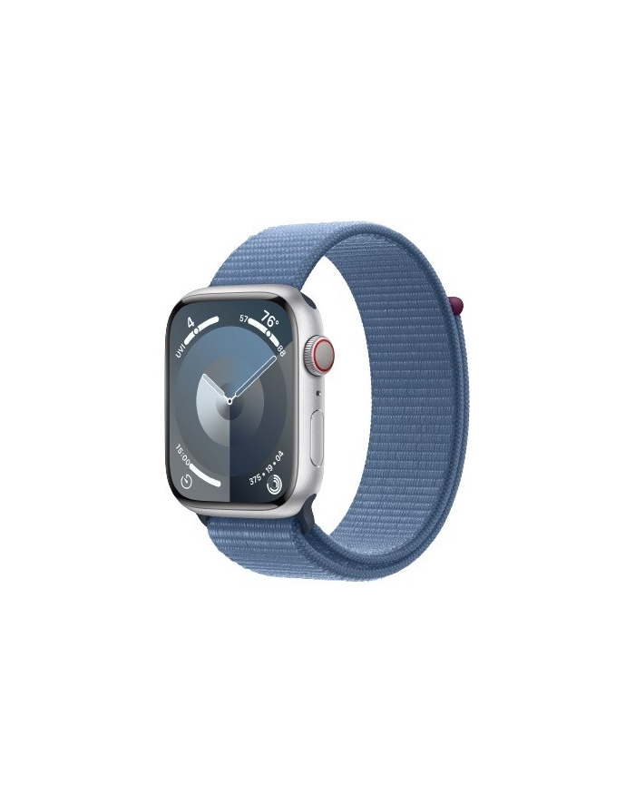 apple Watch Series 9 GPS + Cellular, 45mm Koperta z aluminium w kolorze srebrnym z opaską sportową w kolorze zimowego błękitu główny