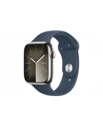 apple Watch Series 9 GPS + Cellular, 45mm Koperta ze stali nierdzewnej w kolorze srebrnym z paskiem sportowym w kolorze sztormowego błękitu - S/M