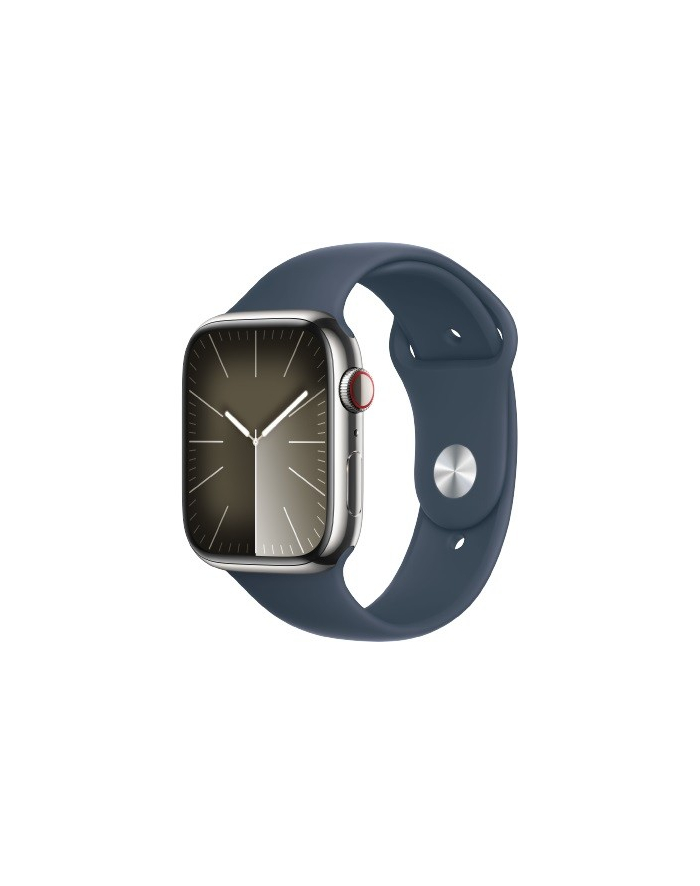 apple Watch Series 9 GPS + Cellular, 45mm Koperta ze stali nierdzewnej w kolorze srebrnym z paskiem sportowym w kolorze sztormowego błękitu - S/M główny