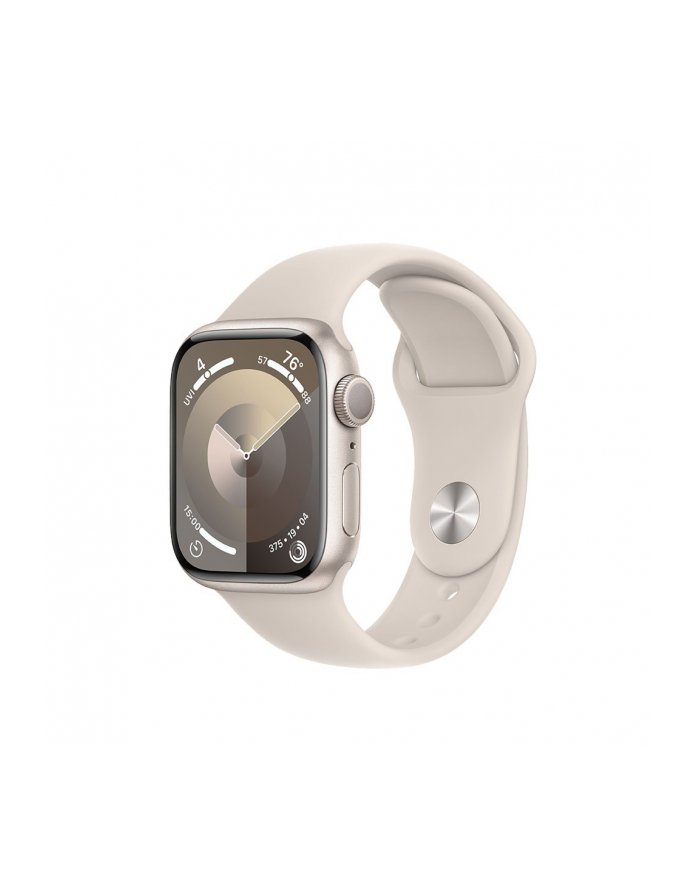 apple Watch Series 9 GPS, 41mm Koperta z aluminium w kolorze księżycowej poświaty z paskiem sportowym w kolorze księżycowej poświaty - M/L główny