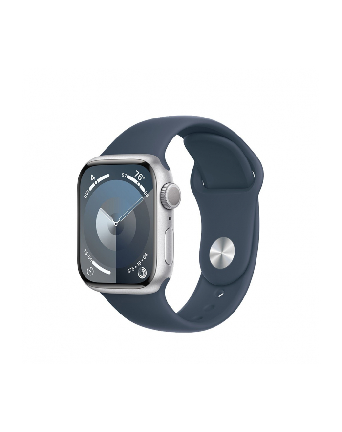 apple Watch Series 9 GPS, 41mm Koperta z aluminium w kolorze srebrnym z paskiem sportowy w kolorze sztormowego błękitu - S/M główny
