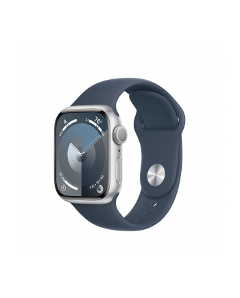 apple Watch Series 9 GPS, 41mm Koperta z aluminium w kolorze srebrnym z paskiem sportowy w kolorze sztormowego błękitu - M/L
