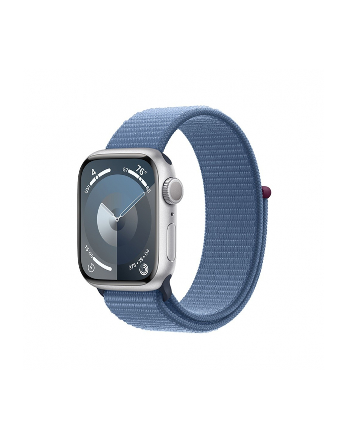 apple Watch Series 9 GPS, 45mm Koperta z aluminium w kolorze srebrnym z opaską sportową w kolorze zimowego błękitu główny