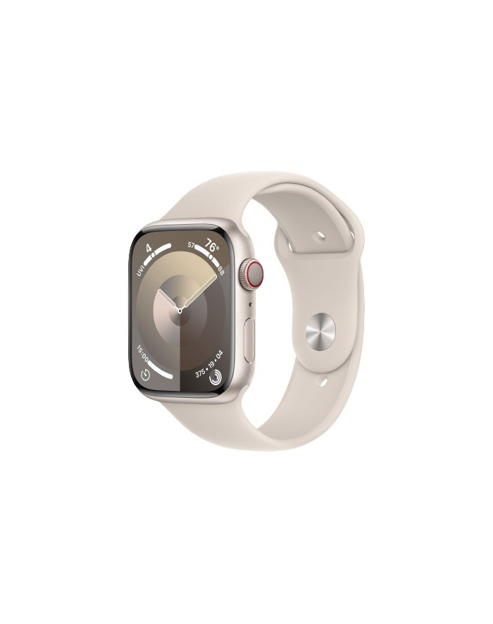 apple Watch Series 9 GPS + Cellular, 45mm Koperta z aluminium w kolorze księżycowej poświaty z paskiem sportowym w kolorze księżycowej poświaty - S/M główny