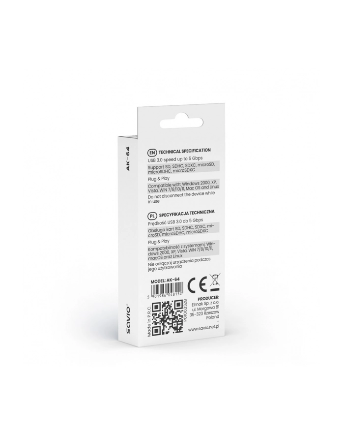 savio Czytnik kart SD, USB 3.0, 5 Gbps, AK-64 główny