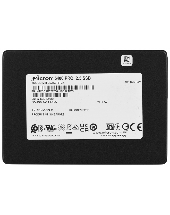 Dysk SSD Micron 5400 PRO 384TB SATA 25''; MTFDDAK3T8TGA-1BC1ZABYYT (DWPD 15) Tray główny