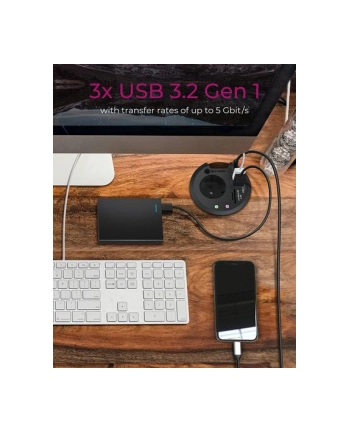 ICY BOX Table Hub 2x USB 3.0 Type-A with Audio in-/output Cardreader 1x Type-C and Schuko Socket CEE 7/3 diameter 80mm Black