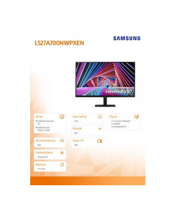 samsung Monitor 27 cali LS27A700NWPXEN IPS 3840x2160 UHD 16:9 2xHDMI 1xDP 5ms(GTG) płaski  2 lata d2d