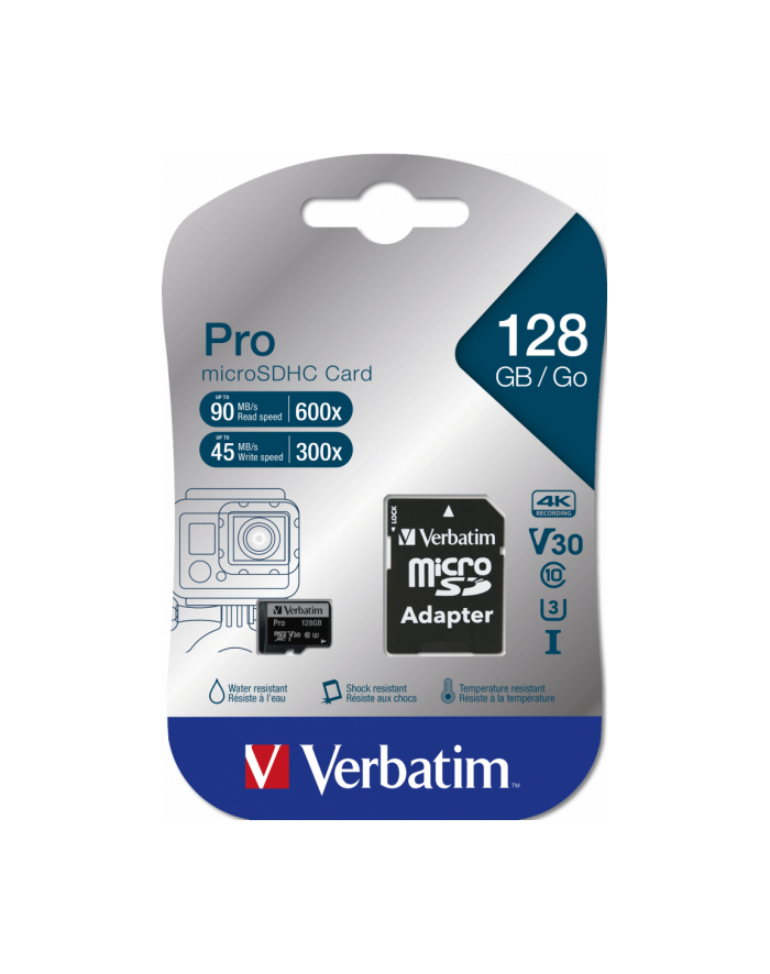 Karta pamięci Micro SDXC Verbatim Pro U3 128GB (90/45 MB/s) Class 10 U3 V30 + adapter główny