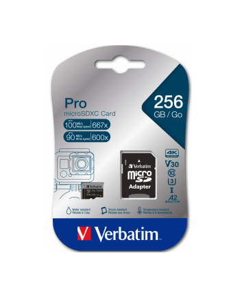 Karta pamięci Micro SDXC Verbatim Pro U3 256GB (100/90 MB/s) Class 10 U3 V30 + adapter