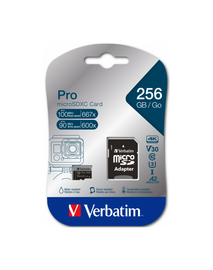 Karta pamięci Micro SDXC Verbatim Pro U3 256GB (100/90 MB/s) Class 10 U3 V30 + adapter główny